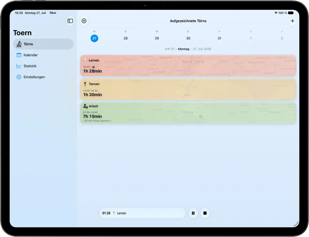Törn auf einem iPad: links die Seitenleiste mit Törns, Kalender, Statistik und Einstellungen, rechts die aufgezeichneten Törns des Tages